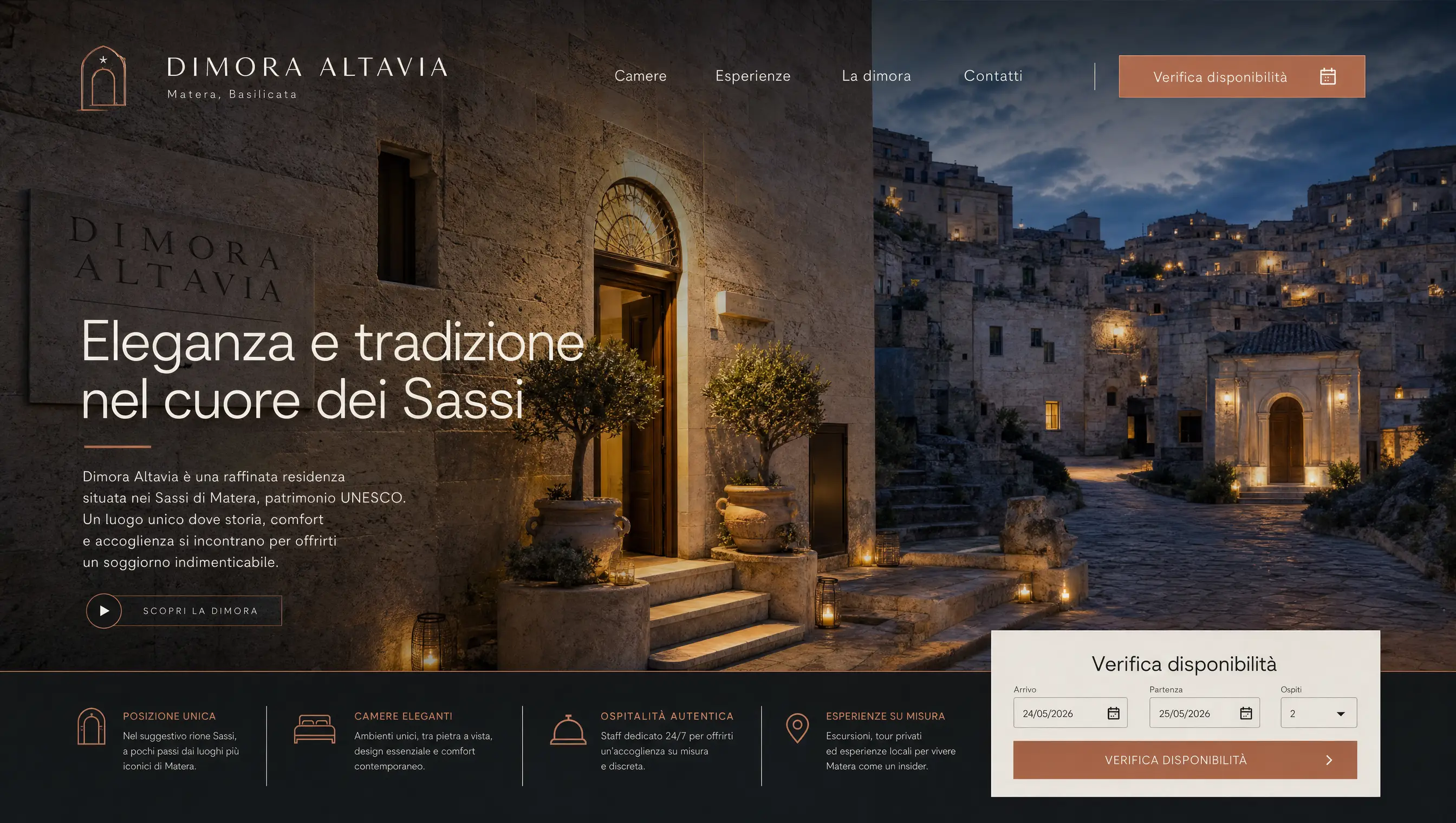 Redesign contemporaneo del sito del boutique hotel fittizio Dimora Altavia